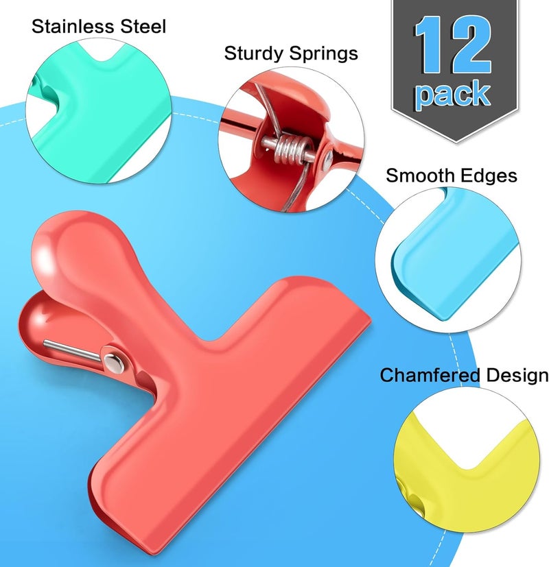 WUDIME Chip Bag Clips, 12 Pack Heavy Duty Chip Clips Food Clip, Air Tight Seal Bag Clipfor Kitchen and Office to Seal Coffee Bags, Paper Sheets(Multi-Color) - Image 3